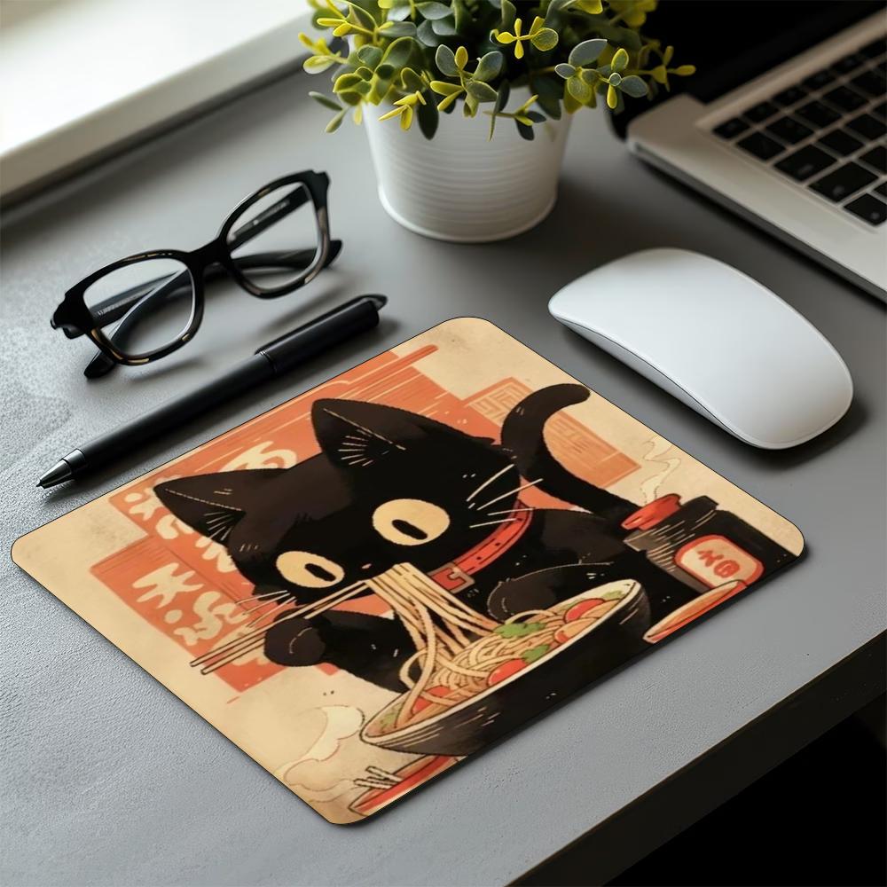 Square Mouse Pad Vintage Japanese Black Cat Ramen Print Stitched Edge Anti‑Slip Rubber Desk Mat for Gaming Working Home Office