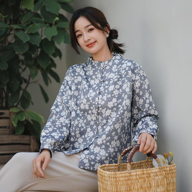 

Johnature Women Vintage Shirts Tops Print Floral Stand Long Sleeve Autumn Blouses Button Shirts XXL