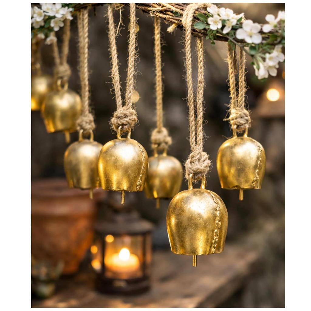 Rustic Brass Finish Hanging Bells Pack of 10 | Vintage Mini Bells with Rope for Home Decor,