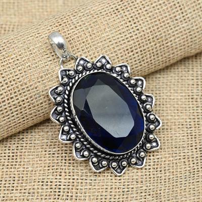 Blue Sapphire Lab-Created Handmade Jewelry 925 Solid Sterling Silver Gemstone Pendant