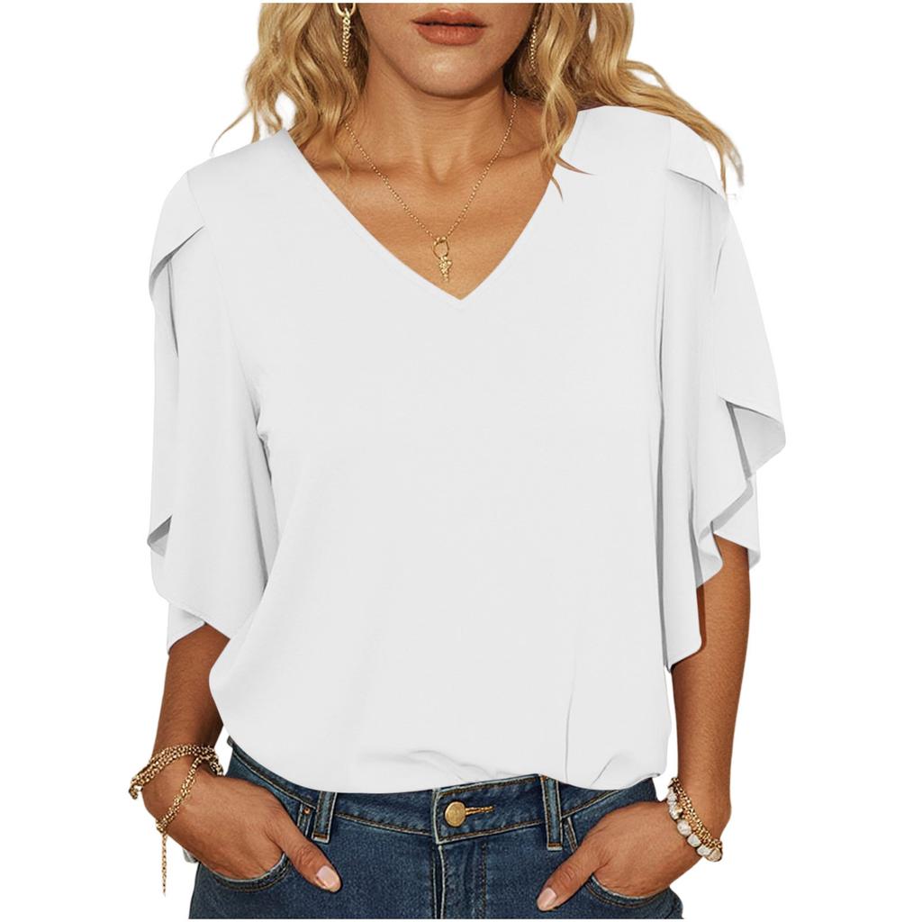 Women's Loose Fit Chiffon Blouse V Neck Casual Top Lightweight Flowing Sleeve Shirt for Everyday Wear
