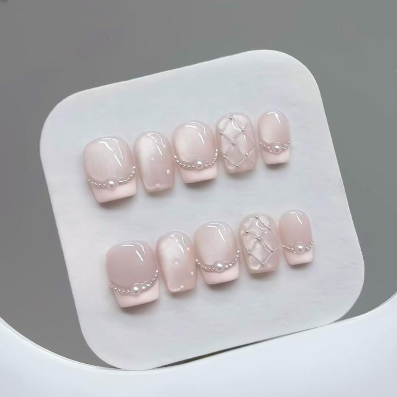 10 Stück Handgefertigte Abnehmbare Press-on Nägel Kariert Perle Französisch Katzenauge Aurora Fischschwanz Vollabdeckung Nagelspitze für Damen & Mädchen Ins