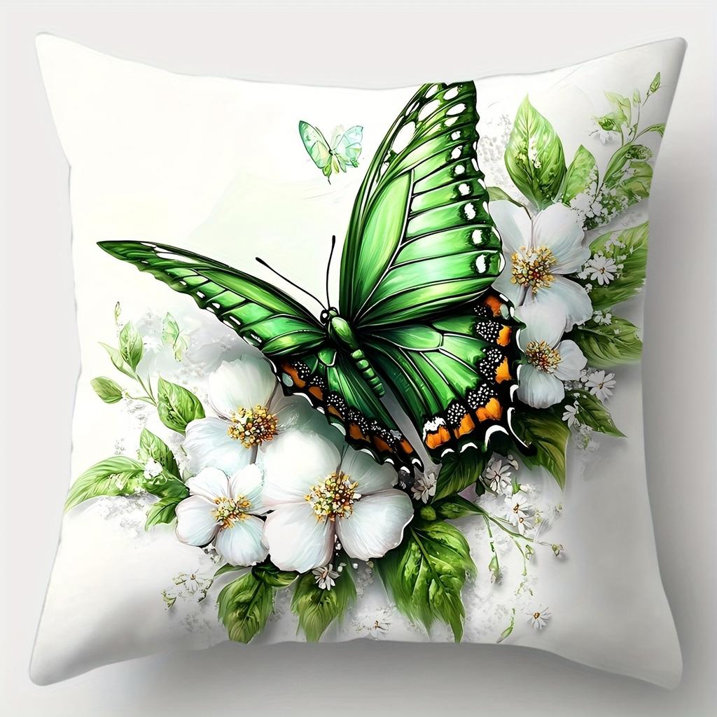 Vibrant Green Butterfly & Blossom PillowcasesLiving Room Sofa Cushion Cover, Soft and Comfortable, Bedroom Room Decoration