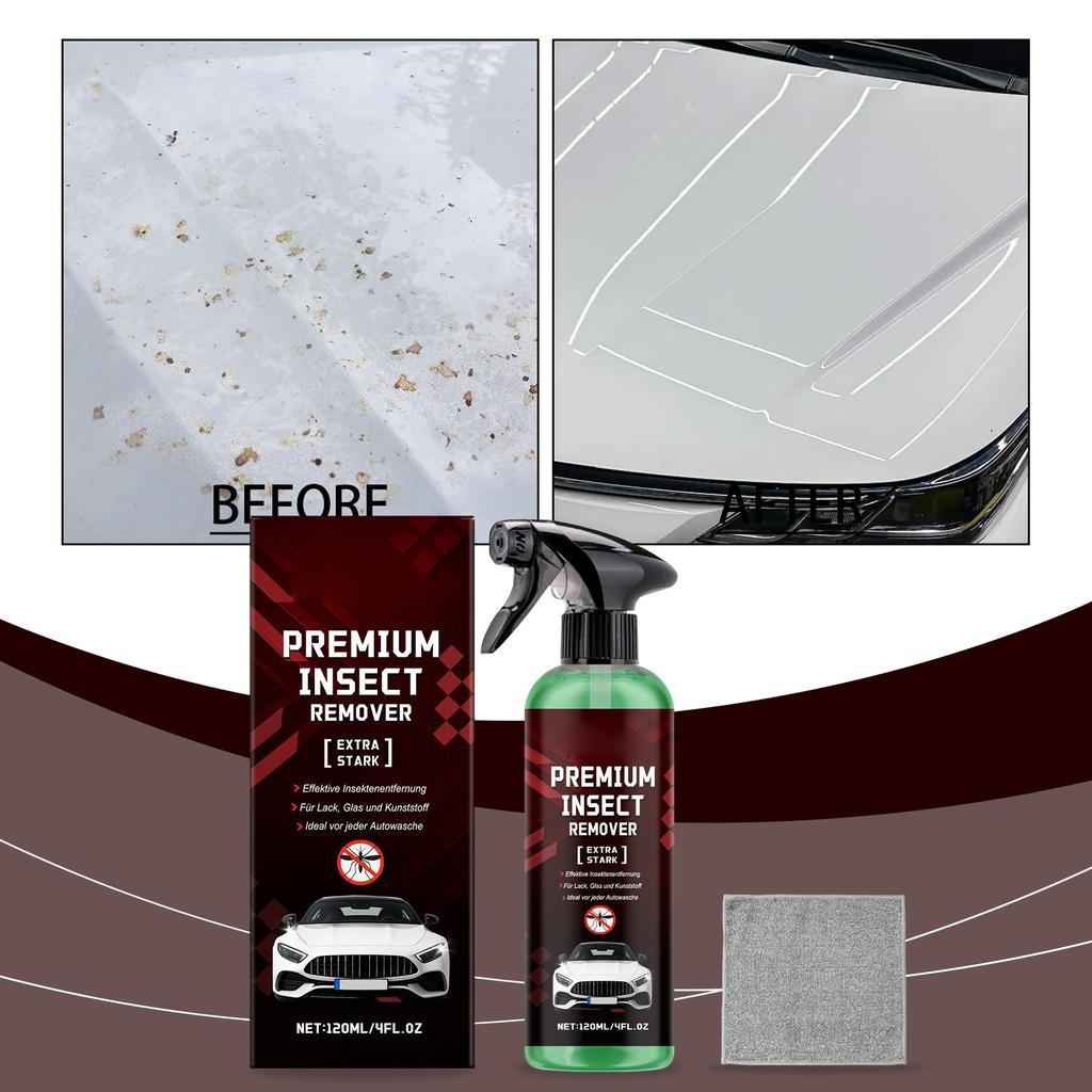 Premium Insect Remover Spray for Cars, Extra Strong Formula, 120ml, Fast Acting Bug Cleaner for Paint, Glass, Plastic, with Microfiber Cloth Included