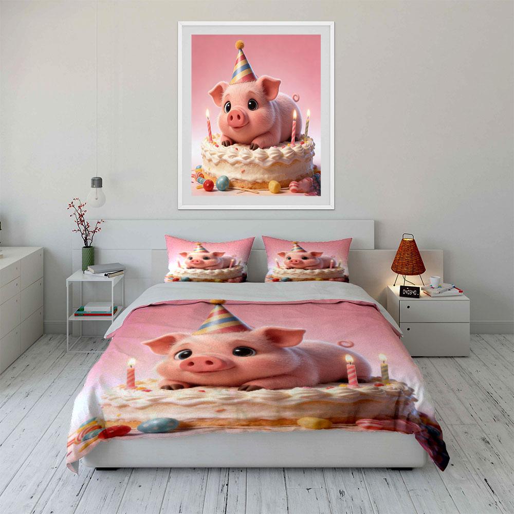 Cute Birthday Pig Decoration Set Soft Comfortable Duvet Cover Bedding Set Included 1*Duvet Cover & 2*Pillowcases, Gift