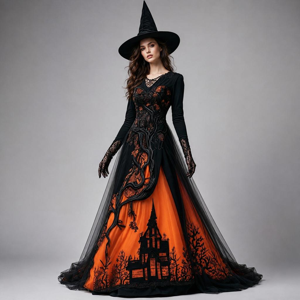 Dámský halloweenský kostým Krajkové šifonové dlouhé šaty s trnem a designem
