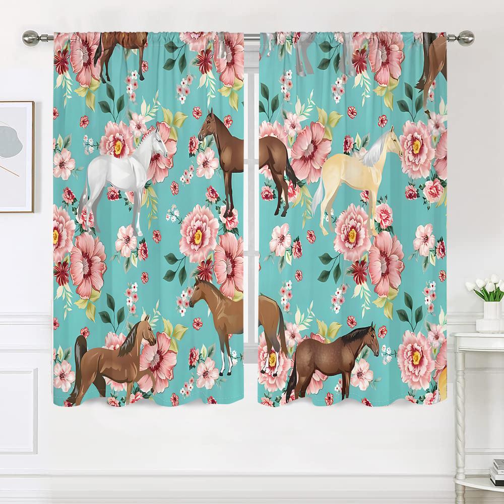 2 pieces, retro elegant floral animal horse curtains -30% blackout - suitable for living room, bedroom, kitchen and home decorat