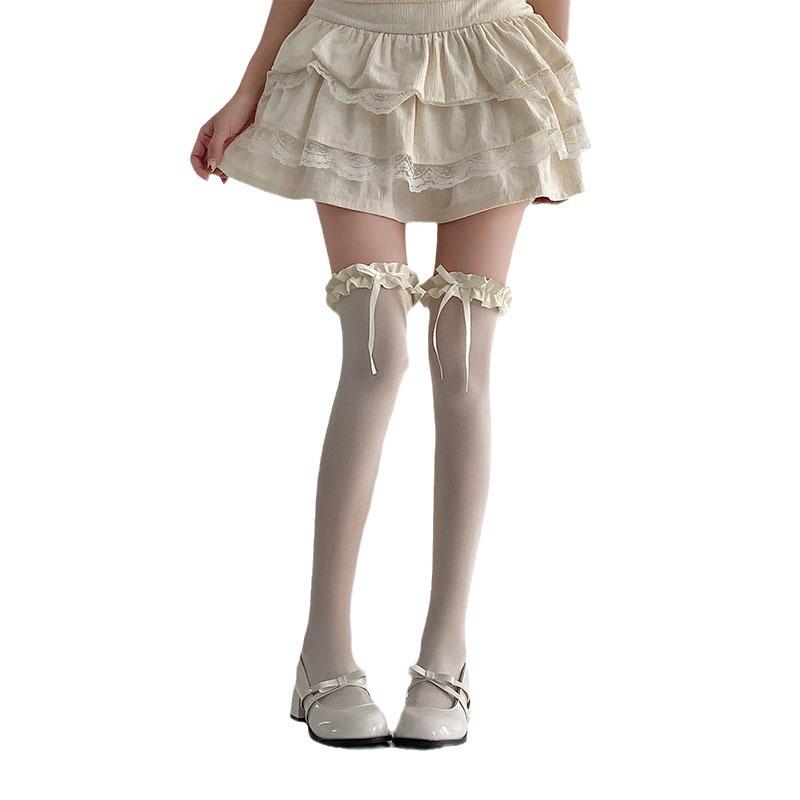 Japanese Jk Wind Bow Lace Knee Socks Women Ins Summer Thin Cute Girl White Leg Stockings