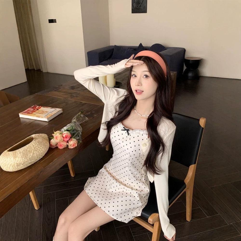 Fresh and sweet polka dot bow wear suspender dress women's summer new sunscreen clothes cardigan two-piece set