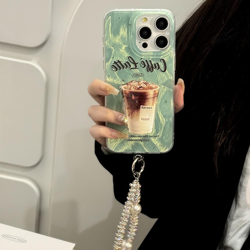 Mint Green Ink Coffee Stand Mobile Phone Case Apple 15promax Suitable for Iphone16 American 12 Feather Yarn 14