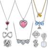 925 Silver Pink Heart Halo Key Gem Bee Butterfly Twisted Bowtie Pendant Necklace Figaro Chain Choker Fine Jewelry Gift