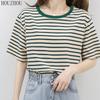 HOUZHOU Stripete T-skjorte Dame Grønn Kortermet Sommer Løs Stor størrelse Korean Chic Casual Topper