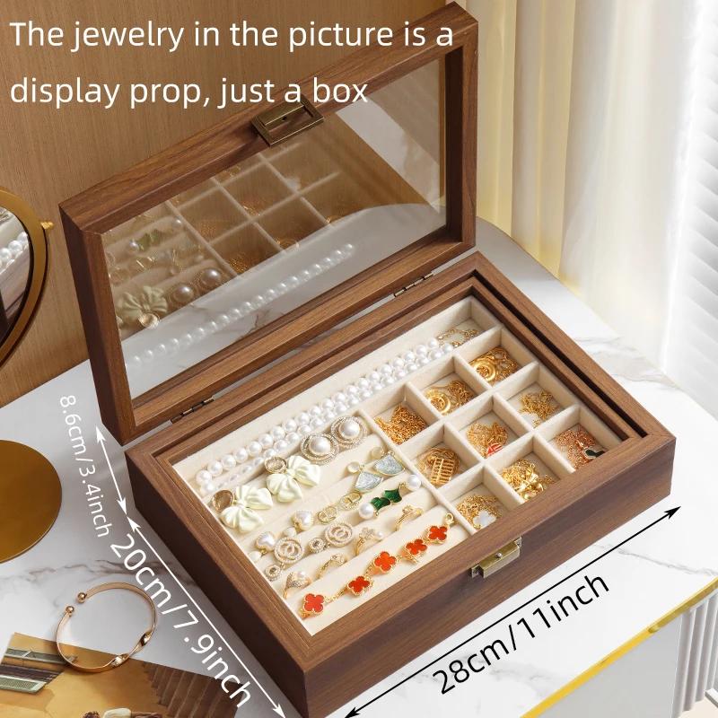 Walnut Color Double-decker Jewelry Box Necklace Earrings Box Cover Carry Oxide Jewelry Delicate Solid Wood Jewelry Box