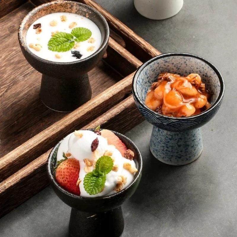 Hohe Keramikschale auf Fuß, Dessert-Eisbecher, Obstsalat-Suppen-Servierschale für Haushaltsgeschirr