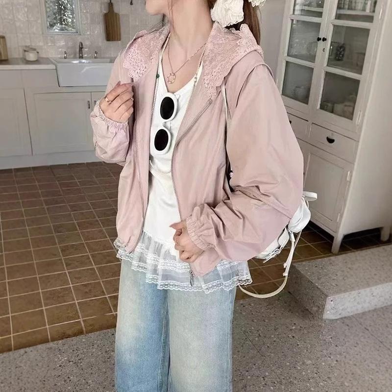 

Women s Fashion Lace Patchwork Hooded Jacket - Spring 2025 Korean Style Loose Casual Sun Protection Cardigan M брудно-білий