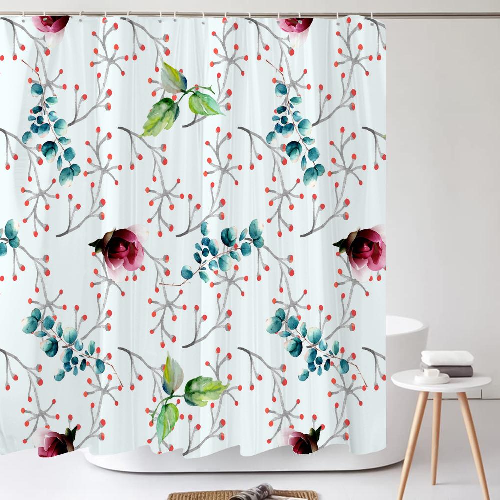 Grüne Pflanze Blatt Blume Duschvorhang, Moderner Nordic Minimalistischer Duschvorhang Polyester Stoff Badezimmervorhang für Badezimmer Dekor