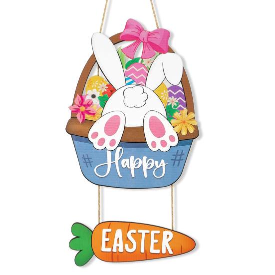 Wooden Easter Door Wreath for Bunny Eggs Porch Front Door Happy Easter Sign for Spring Window