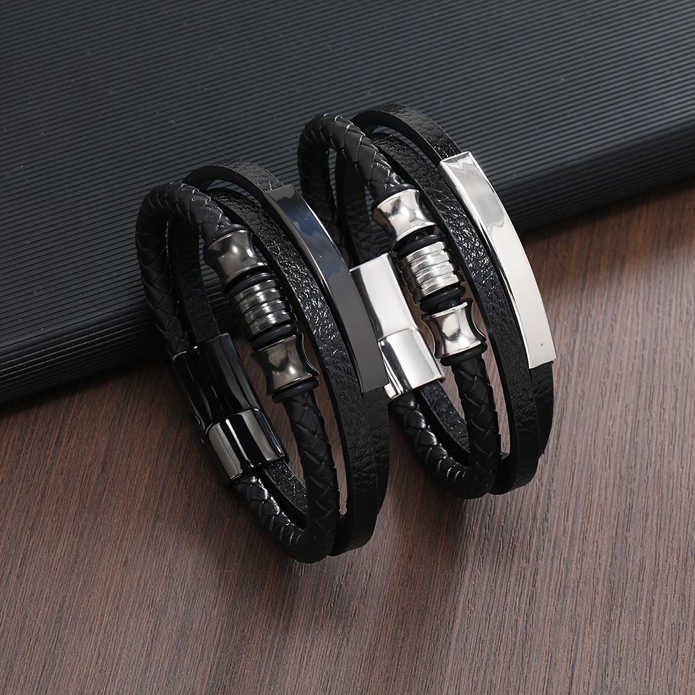 Titanium Steel Leather Bracelet Magnetic Clasp Punk Mens Wristband Trendy Fashion Accessory