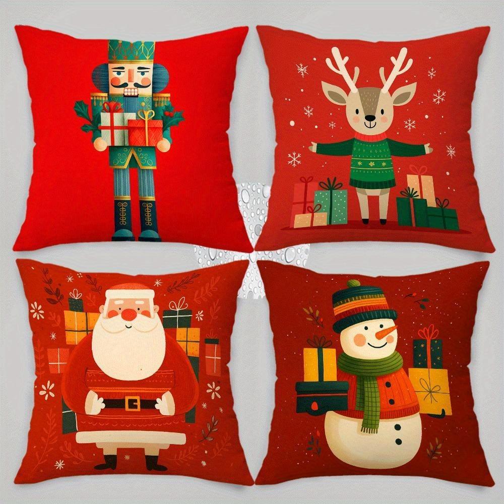 On the Red Pillow, the Nutcracker, Reindeer, Santa Claus and Snowman Bring Gifts for New Year Home Decoration 2d Flat Printing