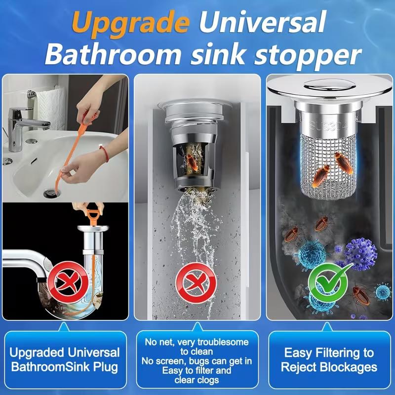 Bathroom Sink Drain Strainer Universal Pop-Up Sink Hair Catcher Anti-Clog Stainless Steel Drain Filter Basket For Washbasin