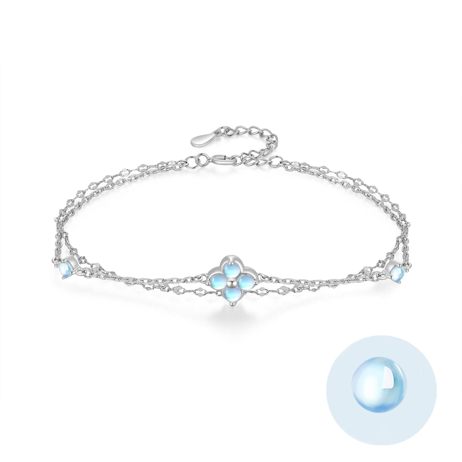 

Moonstone Bracelet for Clover Silver June Birthday Gift for Girlfriend FH.bird Women, Four-Leaf [Lucky Flower], 925, Hypoallergenic, Double-Strand