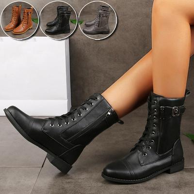 Women Motorcycle Leather Boots Winter Boots Lace Up Cowboy Boots Short Boots Plus Size 35-43