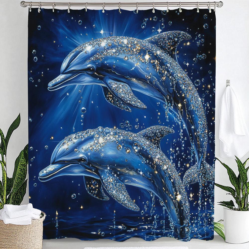 1pc Underwater World Blue Ocean Dolphin Cartoon Print Waterproof Shower Curtain Partition Privacy Hanging Curtain with 12 Hooks