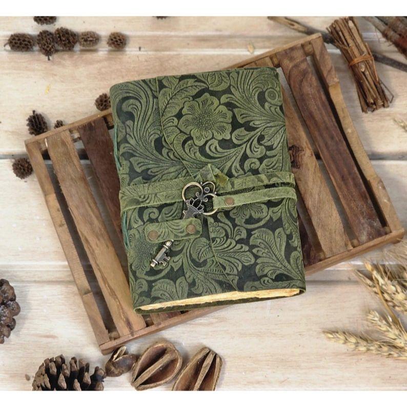 Embossed Green Leather Journal: Floral Spell Book, Deckle Edge Paper