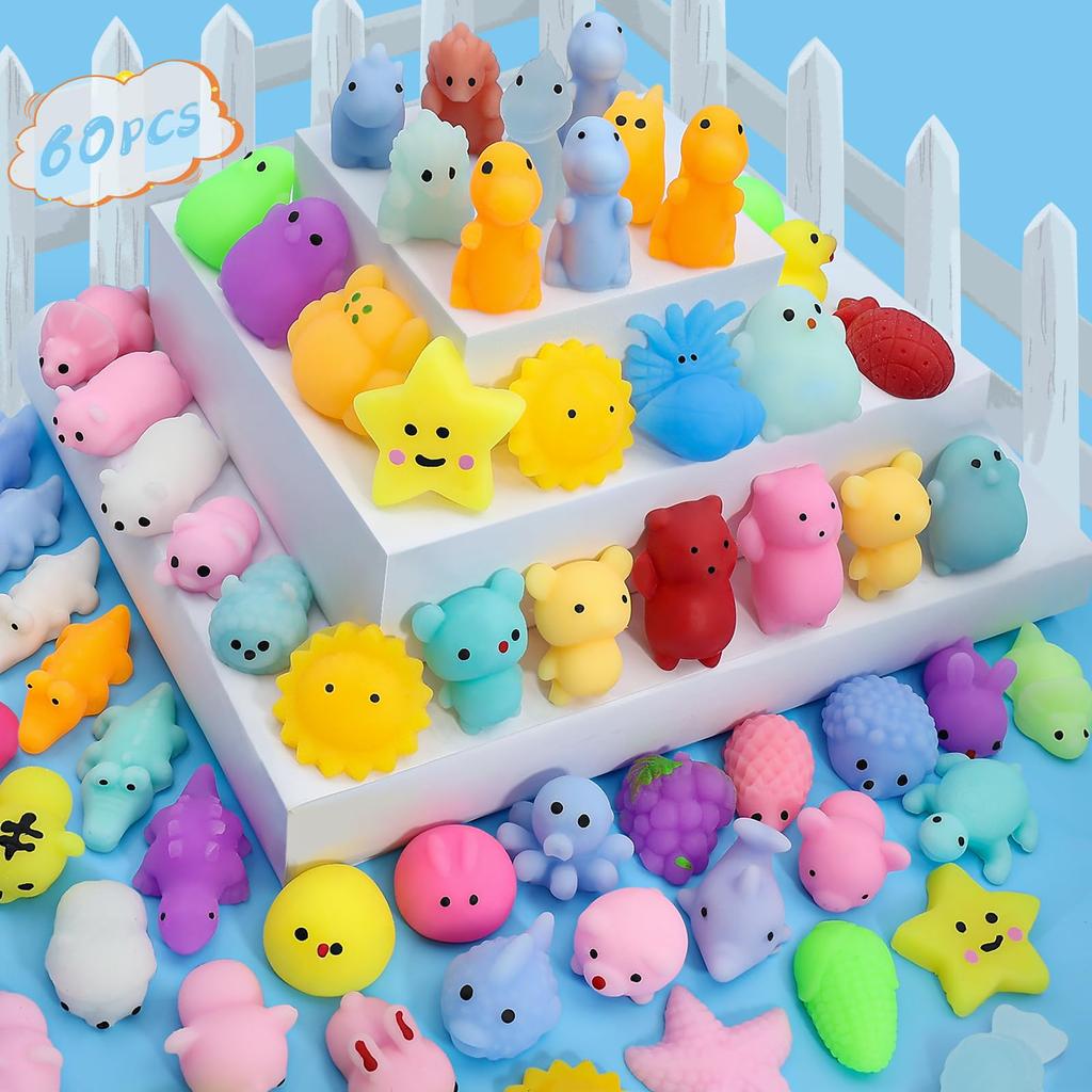 25/60/130 Pack Mochi Squishy Toys For Kids,Squishies Sensory Bulk Toys,Stress Relief Toys, Party Favors Mini Animals Toys Set
