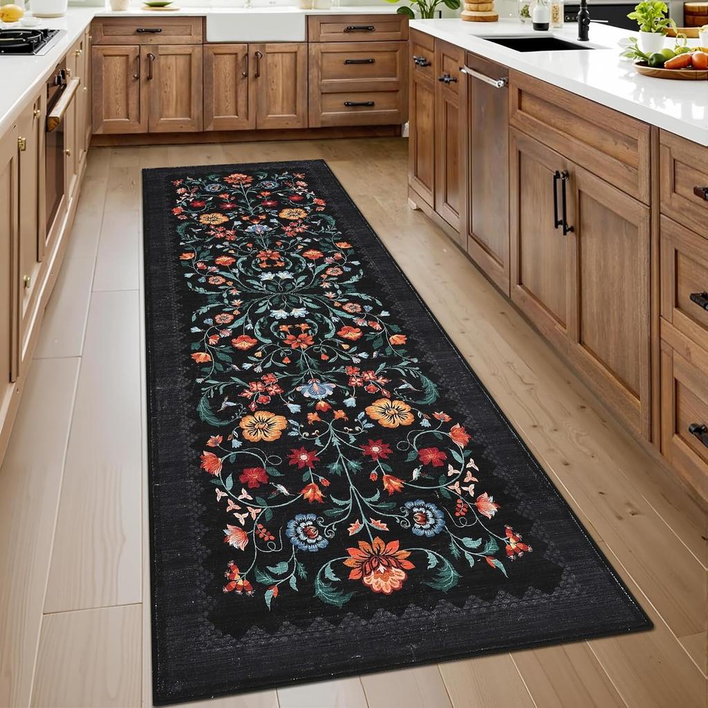 Retro Runner Rug Nordic Style Floral Print Kitchen Carpet Stylish Light Luxury Machine Washable Non-Slip Bedside Mat Alfombra