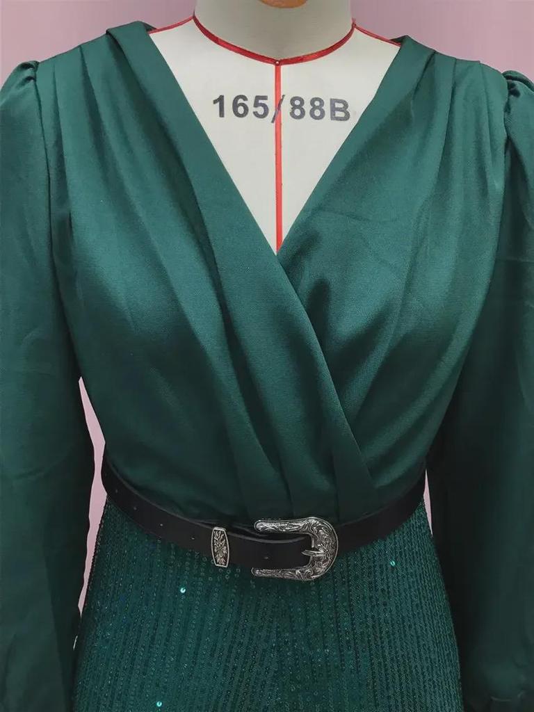 Pailletten-Taillenkleid V-Ausschnitt Langarm Mode Damen Hose Weites Bein Französisch für Frühling Herbst