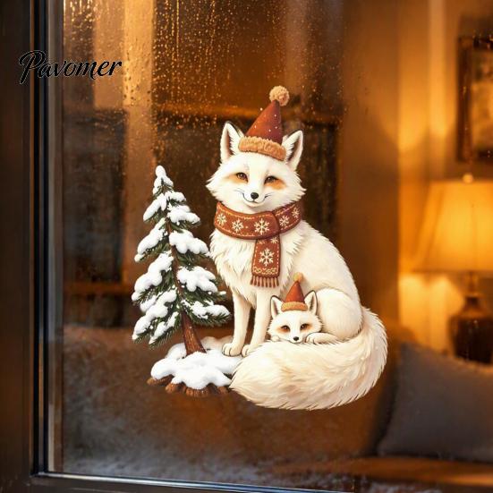 Transparent Glass Pattern Christmas Fox Window Clings, Winter Forest Animal Double-Side Sticker, Cute Graphics Reusable Static Decals for Holiday