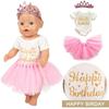 Set of 3 Birthday Doll Pink Clothing Accessories Including Skirt Romper Headband for 43cm / 17Inch Newborn Baby Doll (No Doll)