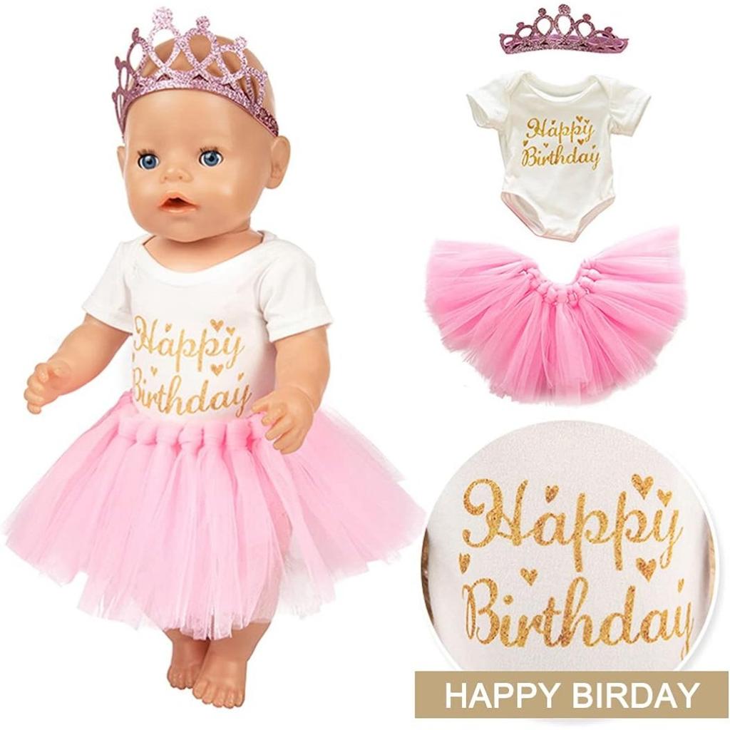 Set of 3 Birthday Doll Pink Clothing Accessories Including Skirt Romper Headband for 43cm / 17Inch Newborn Baby Doll (No Doll)