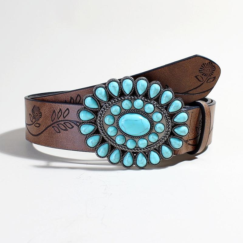 Ladies Wear The Classic Western Belt Embossed Pu Leather Bohemian Style Oval Turquoise Buckle Waist Band