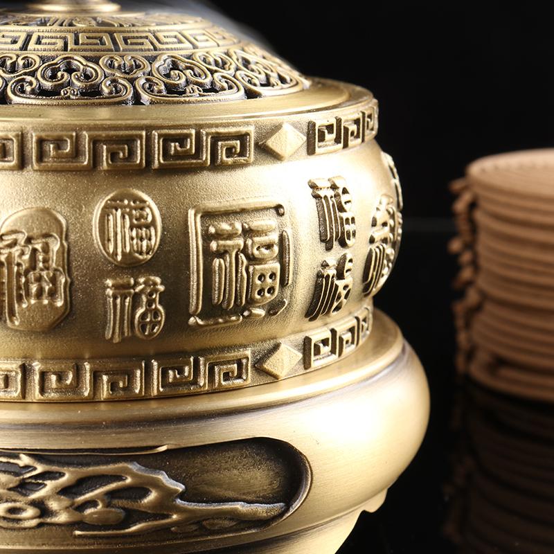 Pure Copper Burner Carving Relief Design Hundred Fu Temple Offering for Indoor Decoration Mosquito Repellent Incense Coil Censer