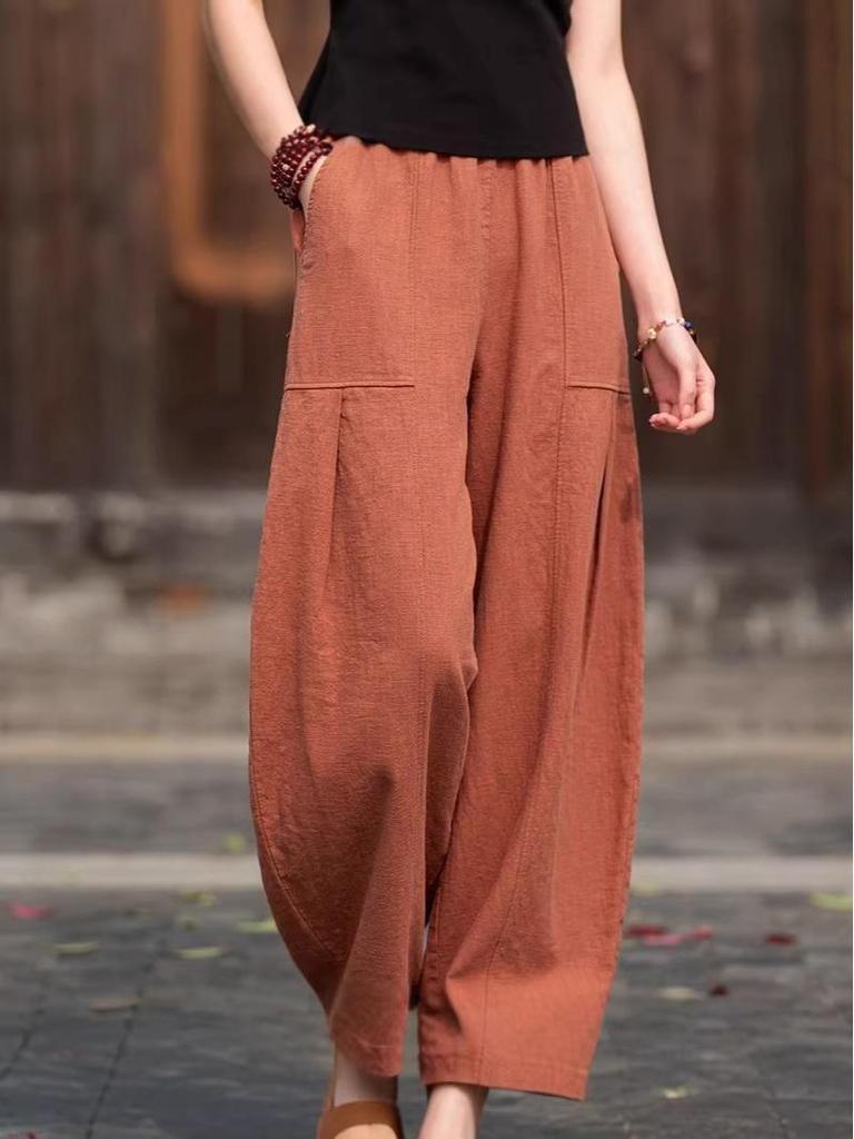 2026 Spring/Summer Women's Cotton Linen Lantern Pants - Artistic Retro Casual Long Pants with Sand Washed Ramie