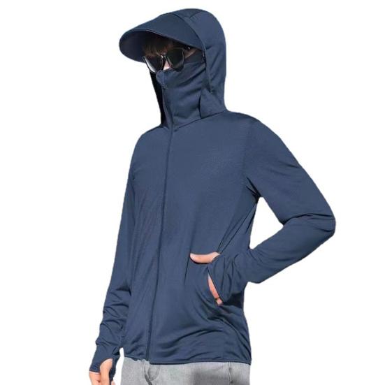 Men Summer Sun Protection Clothing Hooded Drawstring Long Sleeve UV Protection Coat Solid Color Zipper Placket Anti-UV Fishing Clothing