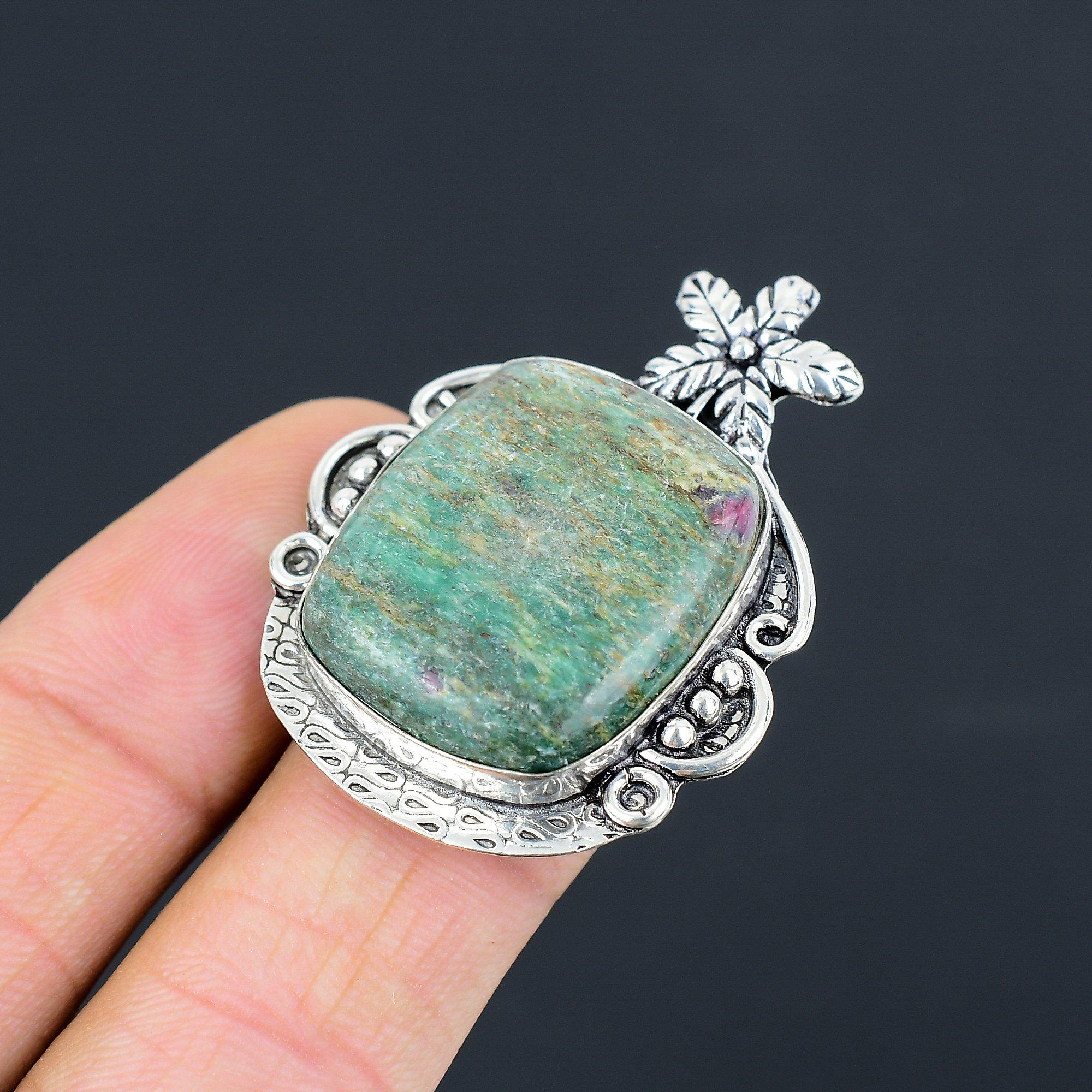 Gift For Her Natural Ruby Fuchsite Statement Flower Ring Size 6.5 925 Silver 6.5