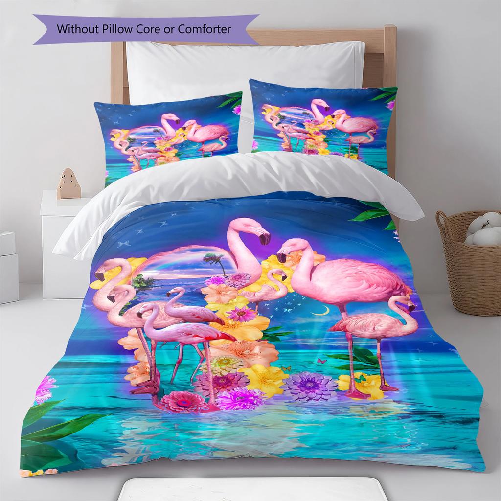 Flamingo Pattern Bedding Quilt Set Quilt Cover Pillowcase Home Decoration Birthday Gift (1 * Duvet Cover + 2 * Pillowcase, Without Core)