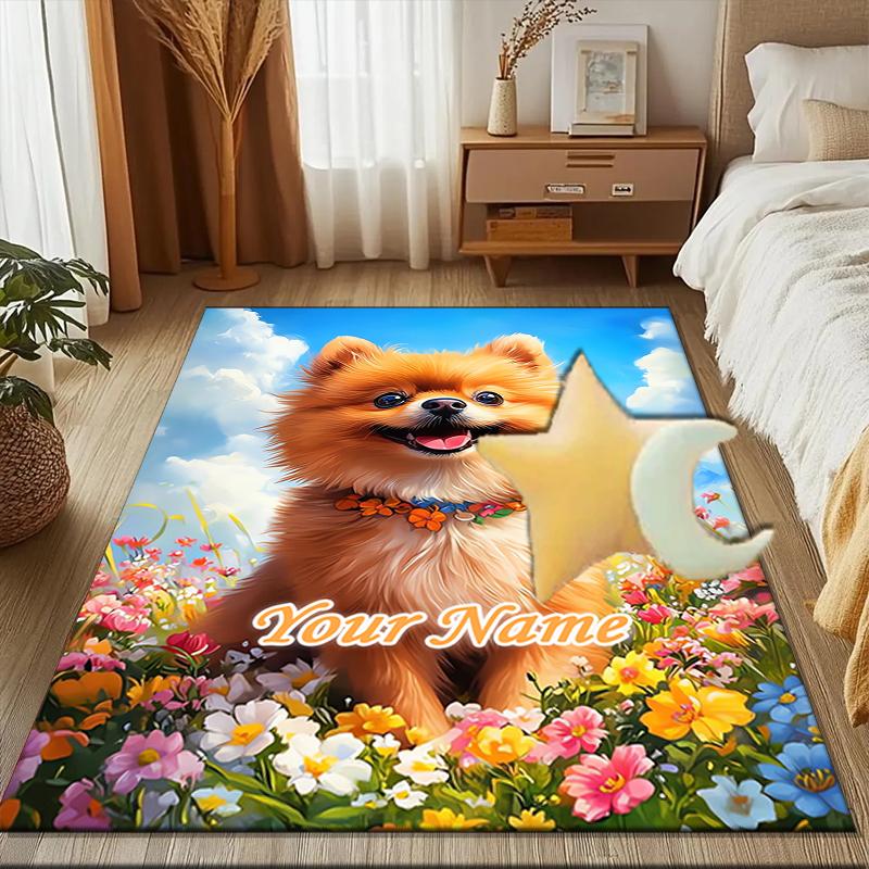 1PC Custom Name Floral Pomeranian Portrait Theme Floor Mat Ideal for Living Room, Game Rooms, Office, Bedroom, Floor Mat Playful Design