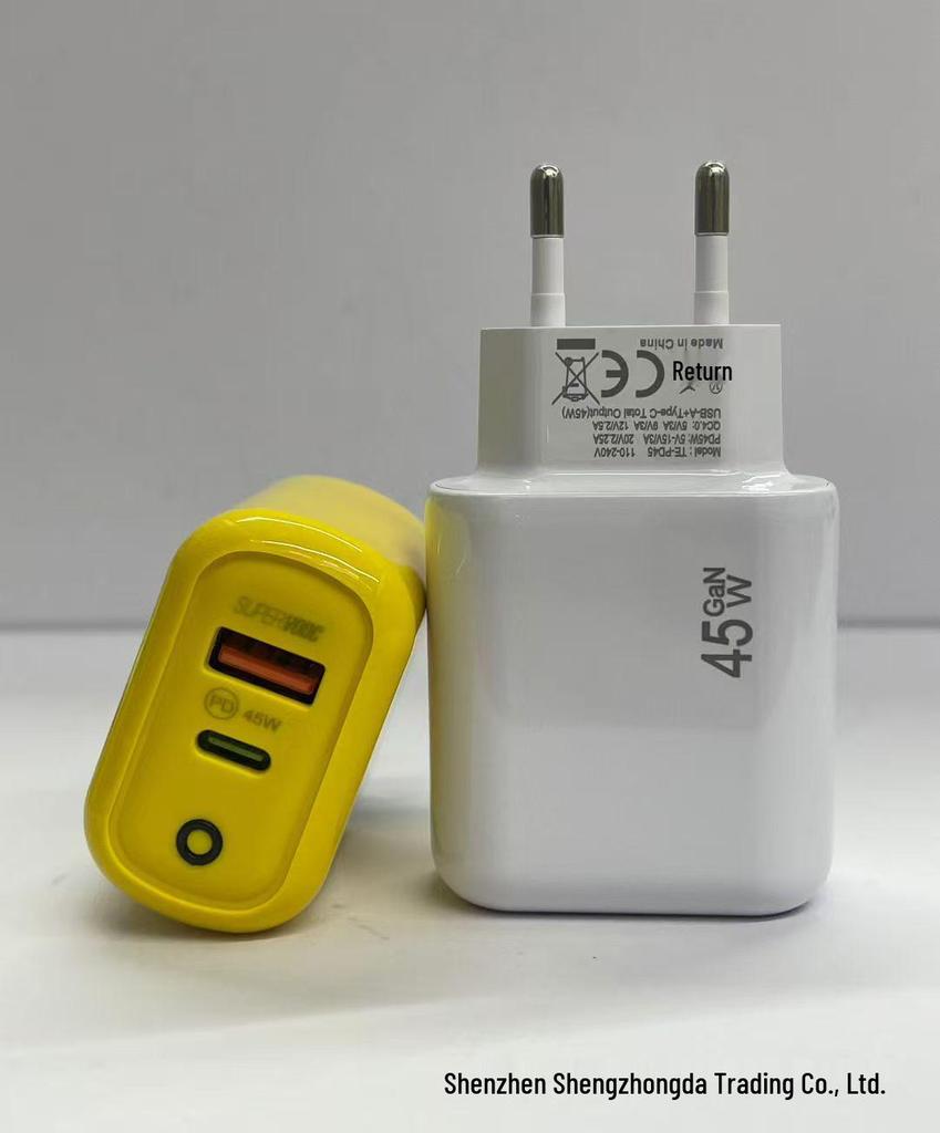Dual-Port PD45W GaN Fast Charger with International Compatibility and LED Indicator