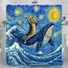 Whimsical Cat Shower Curtain Set Starry Art Style Ocean Whale Rider Waterproof Bathroom Shower Curtain Funny Marine Life