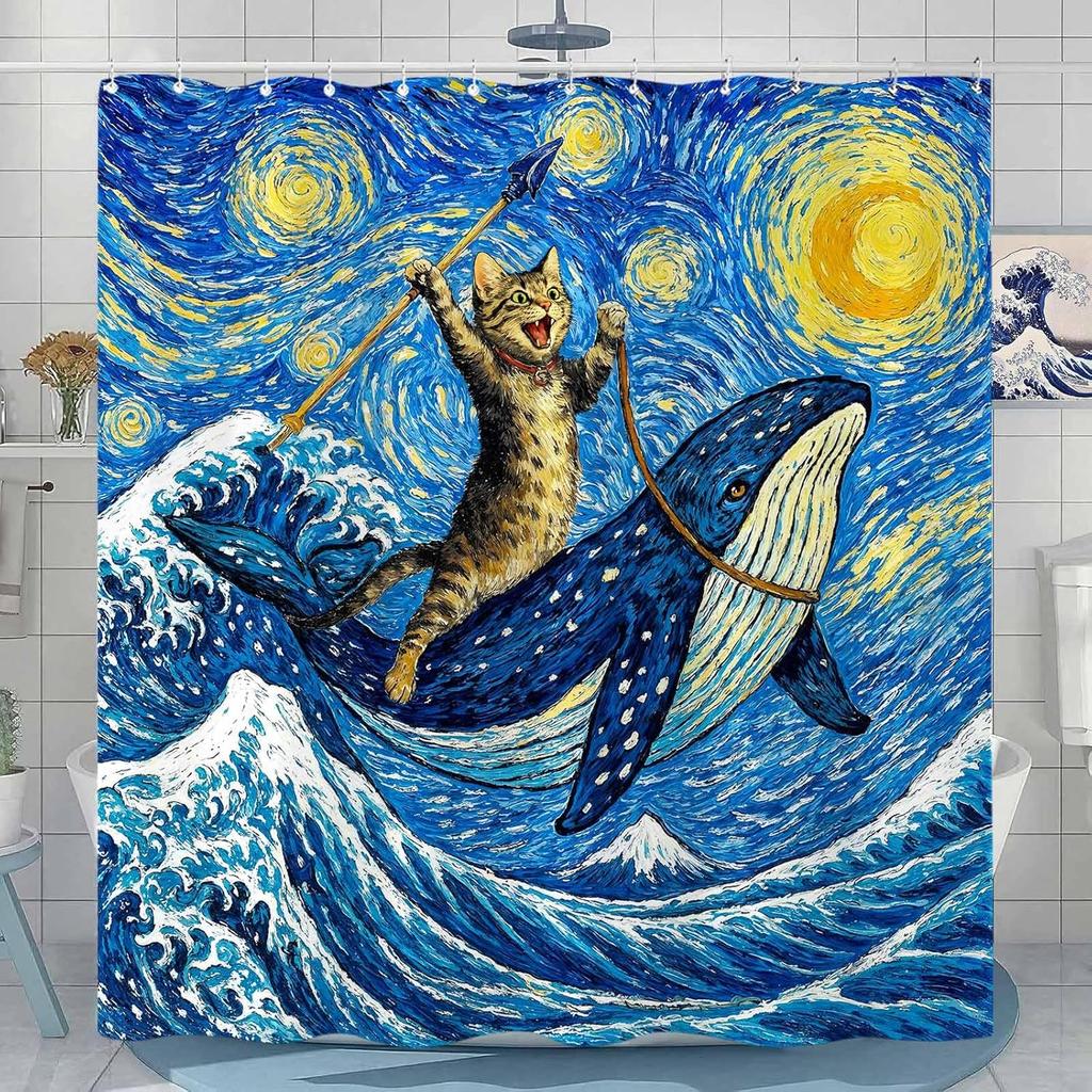 Whimsical Cat Shower Curtain Set Starry Art Style Ocean Whale Rider Waterproof Bathroom Shower Curtain Funny Marine Life