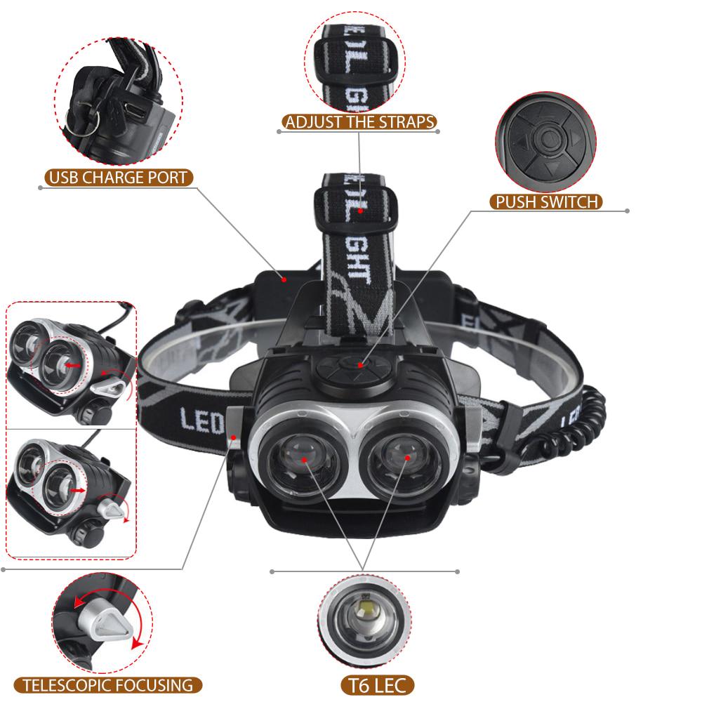 Dual Core T6 Strong Light Head Lamp USB Charging Strong Light Telescopic Zoom Head Lamp Bicycle Head Lamp