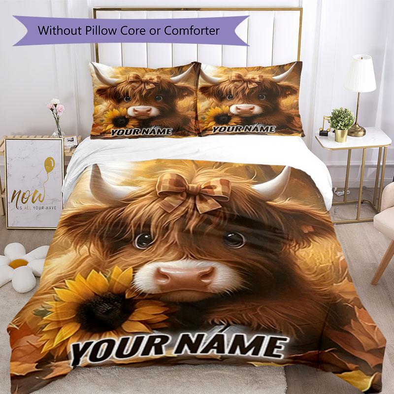 3PC Custom Name Autumn Highland Cow Portrait Bedding Set Printed Bedding Set Duvet Cover Closure Includes 1 Duvet Cover & 2 Pillowcases for All Season