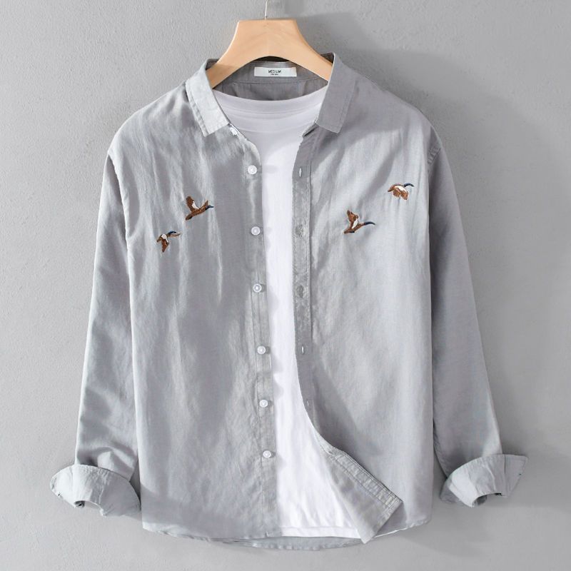 

Mens Bird Embroidery Long Sleeve Shirt Casual Button Down Shirt for Daily Wear S серый