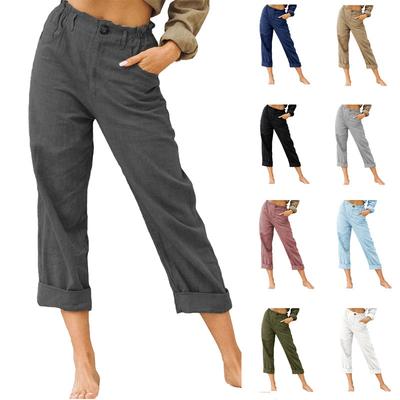 Damen Einfarbig Baumwolle und Leinen Mode Lose Hohe Taille Casual Hosen Frauen