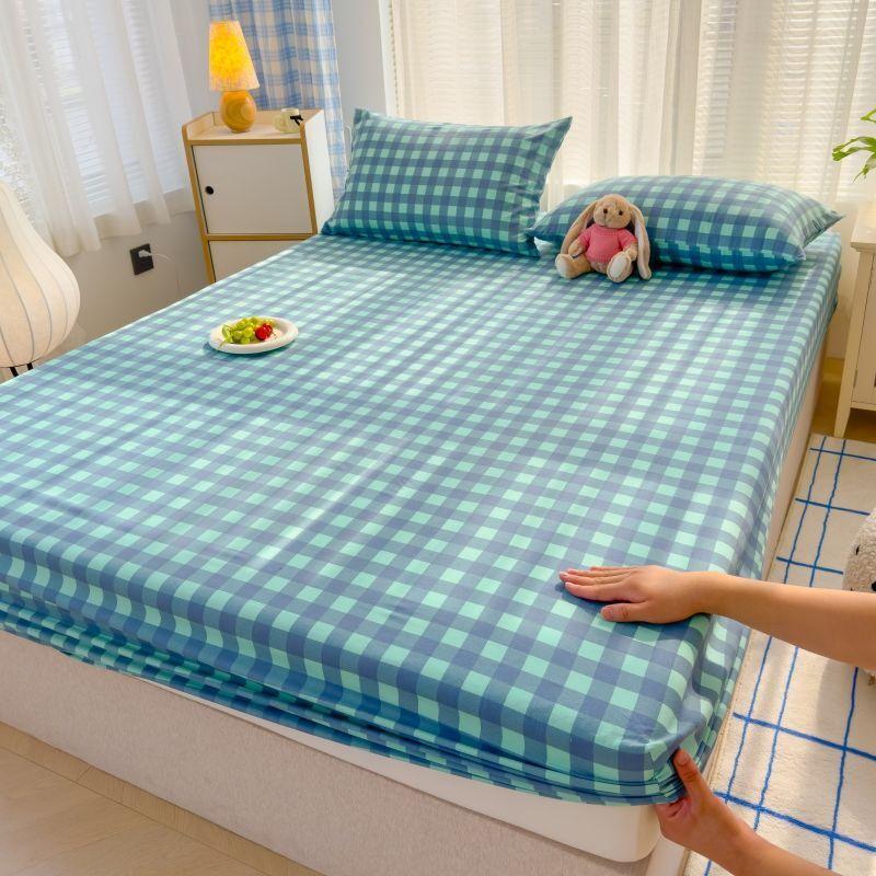Japanese Style Washed Cotton Checkered Bed Sheet Three Piece Set, Fully Wrapped Bed Sheet, Non Slip Single Piece, Simmons