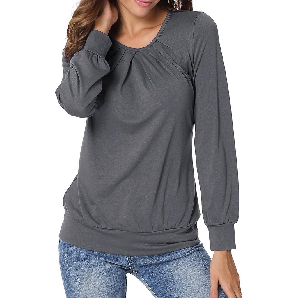 Women's  Long-Sleeved  Pleated Casual Stretch Tunic Top Shirts Spring